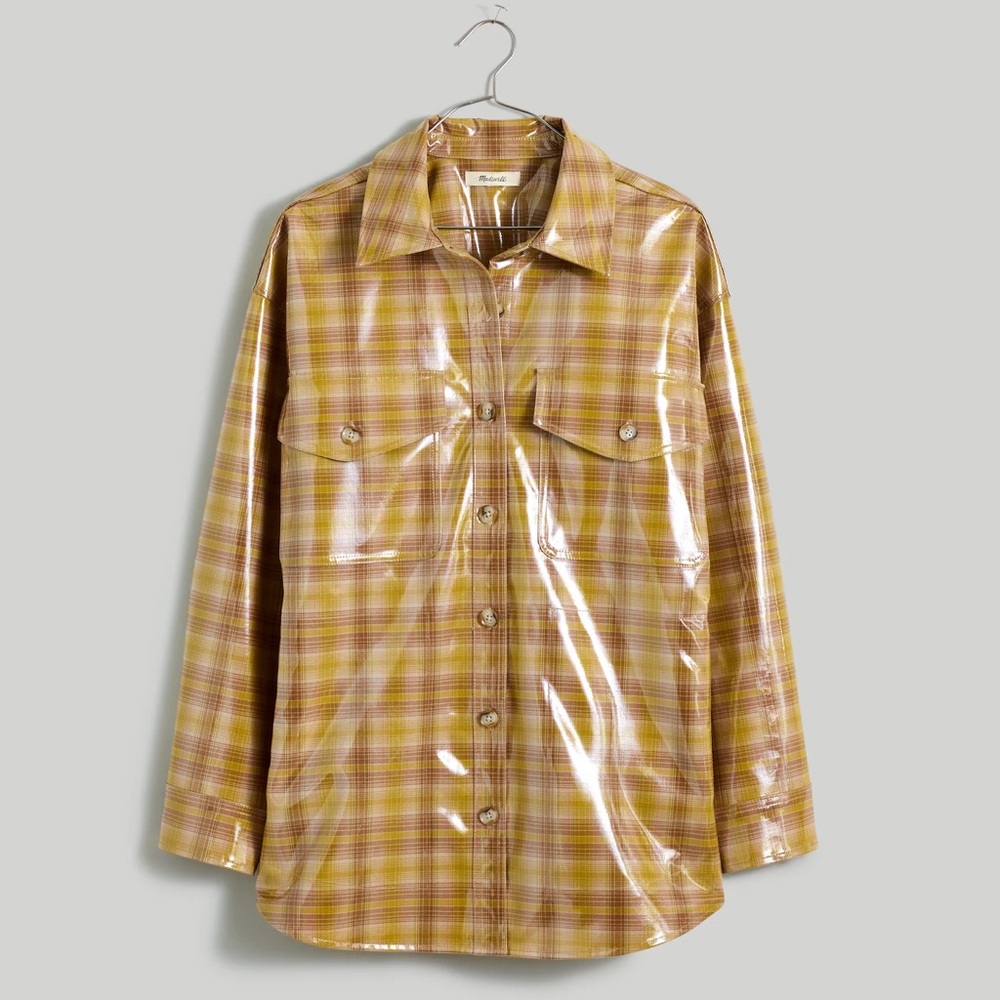 NWT Madewell Laminated Oversized Shirt Jacket Shacket Raincoat in Plaid